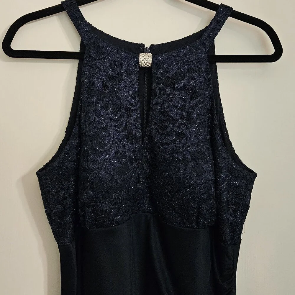 Navy Women's Long Maxi Halter Dress Sheer Matte Jersey With Lace Gown Size 12 - Picture 2 of 9